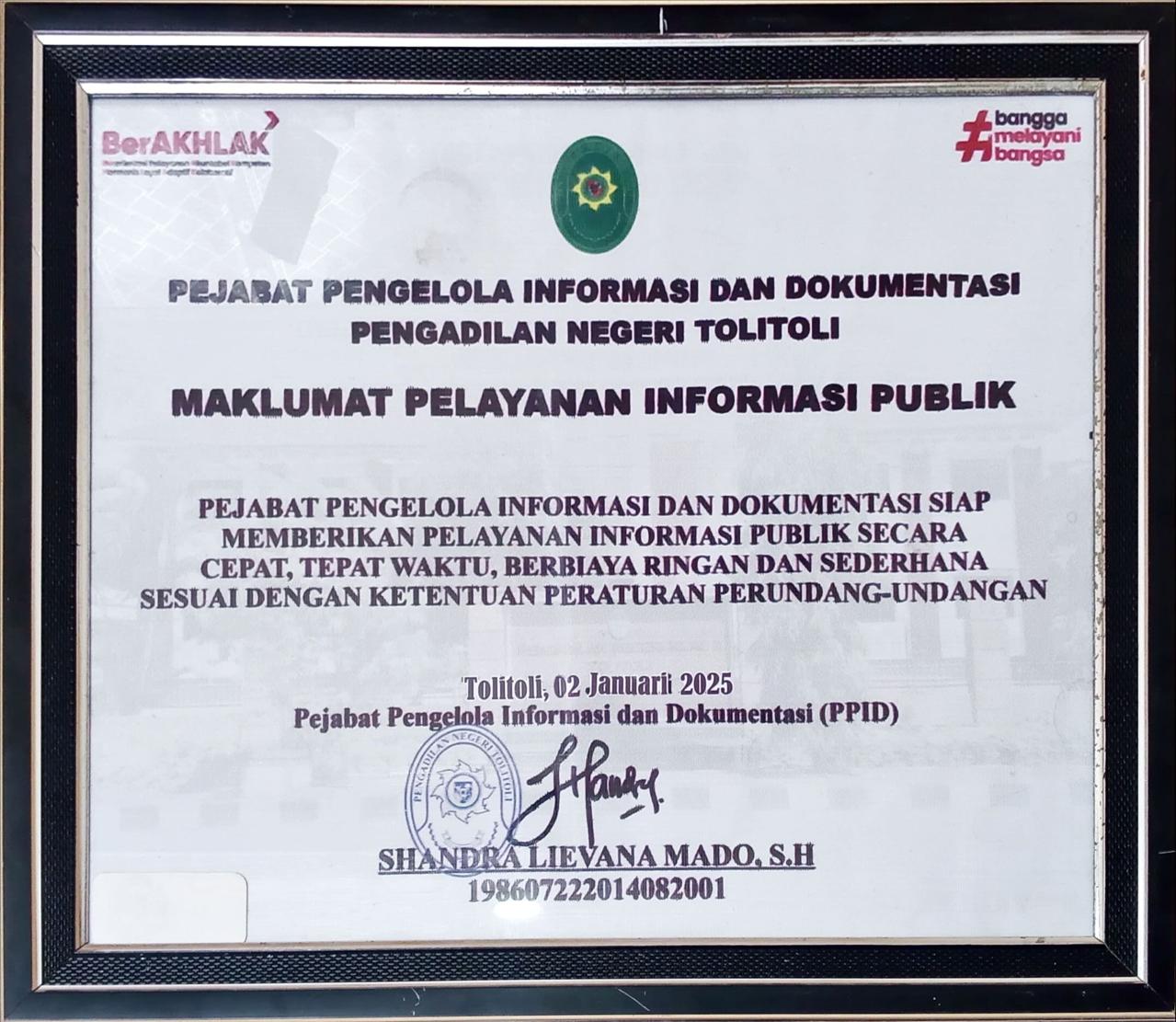 Maklumat Pelayanan Pengadilan Negeri Tolitoli bagian 1